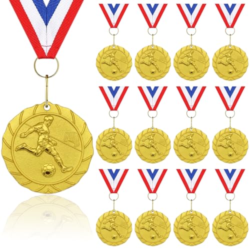 Fußballmedaillen für Kinder, goldene Metallmedaille mit dreifarbigem Nylonband, Fußball-Partybevorzugungspreis für Jungen, Kinder, Erwachsene, 12 Stück Fußballmedaillen für Kinder, goldene Metallmedaille mit dreifarbigem Nylonband, Fußball-Partybevorzugungspreis für Jungen, Kinder, Erwachsene, 12 Stück von Donrime
