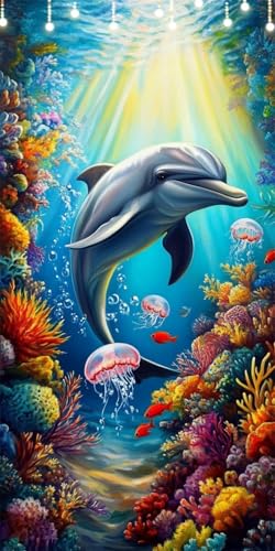 Delphin Malen Nach Zahlen Groß 100X200cm Qualle Malen Nach Zahlen Erwachsene, DIY Kreativ Set Mit 3-Pinseln und Acrylfarbe, Ohne Rahmen, Painting by Numbers für Wohnzimmer Wanddeko, Geschenke W6-490 von Doontiny