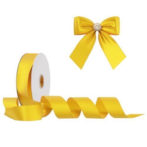 Satinband Schleifenband Dunkelgelb, Dooozy 25mm 91m Geschenkband Dekoband, Stoffband für Verpacken Geschenken Weihnachten Hochzeit Dekorieren von Dooozy