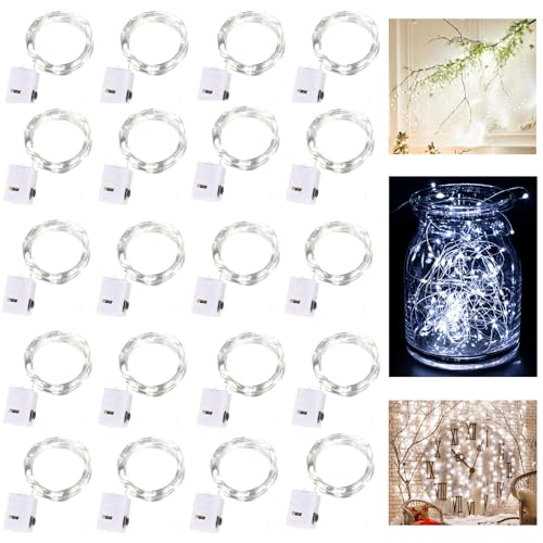 Dooozy 20 Stück Micro LED Lichterkette, 2M 20 Led Lichterkette 3 Modi Batterie Kupfer Drahtlichterkette Wasserfest für Weihnachten Außen Garten, Innen Hochzeit, Party(Kaltes Weiß) von Dooozy