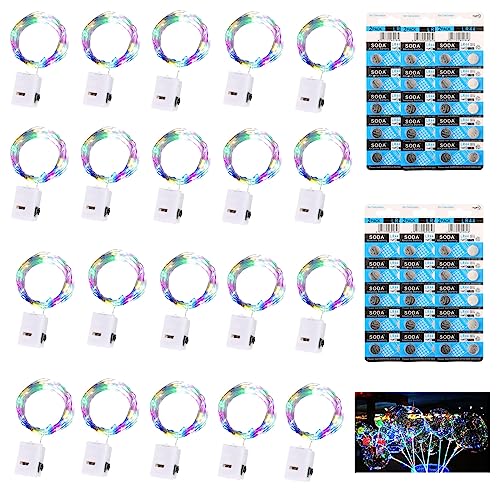 Dooozy 20 Stück Micro LED Lichterkette und 120 Batterie, 2M 20 Led Lichterkette 3 Modi Batterie Kupfer Drahtlichterkette Wasserfest für Weihnachten Außen Garten, Innen Hochzeit, Party(Bunt) von Dooozy