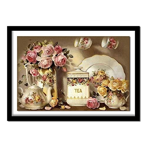 Diamond Painting, 5D Diamant Painting Blumen Tee Set Bilder, Diamant Malerei Kinder Kreuzstich Kits, groß Daiments Painting mit Voll Zubehör für Wohnzimmer Schlafzimmer Büro Wand 30x40cm/12x16in von Dooqon