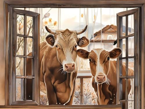 Malen Nach Zahlen Erwachsene Fenster cow 50x60cm DIY Handgemalt Ölgemälde Kit für Anfänger und Erwachsene, inklusive Knitterfreie Leinwand, Pinsel und Acrylfarben-Haus Dekoration (Rahmenlos) H-547 von Dooqon