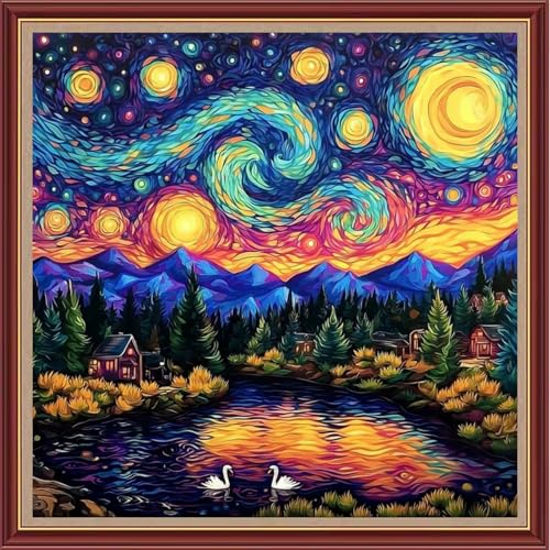 Dooxvey Kreuzstich-Set für Erwachsene und Anfänger, komplettes Sortiment an Kreuzstich-Stempel-Kits, Nadelspitzen-Sets für Anfänger, Stickset, 11-fädiges Kreuzstichmuster, Van Gogh's Sternennacht von Dooxvey