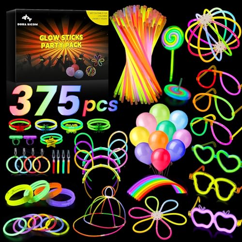 Dora Sicom Knicklichter Kinder Ungiftig Erlebe strahlende Momente mit Leuchtstäben, Party Deko und Leuchtarmbändern inklusive Knicklichter Party Set/375 Stück von Dora Sicom