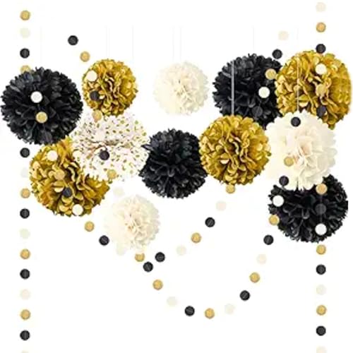 Papier-Pompons mit Girlanden, 15 Stück/Set, hängende schwarze und goldene Party-Dekorationen, Mehrzweck-Party-Dekorationen für Hochzeit, Geburtstag, Verlobung, Babyparty, Pom Poms, Pompons, schwarze u Papier-Pompons mit Girlanden, 15 Stück/Set, hängende schwarze und goldene Party-Dekorationen, Mehrzweck-Party-Dekorationen für Hochzeit, Geburtstag, Verlobung, Babyparty, Pom Poms, Pompons, schwarze u von Dorccsi