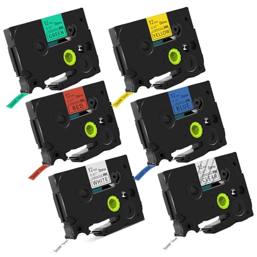 DOREE (6er Pack)Tze Bänder kompatibel mit Tze131,Tze231,TZe431,Tz531,Tz631,Tz731,12mm breit (0,47 Zoll,Transparent,Weiß, Rot,Blau,Gelb,Grün,für P-touch 1010,PT-H100LB,H100R,E100,H105,H110,H107B,D200. von Doree