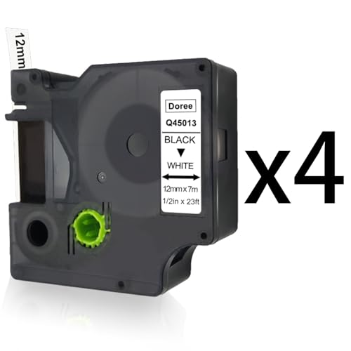 DOREE 4x D1 45013 S0720530 etikettenband 12mmx7m Schwarz auf Weiß kunststoff Kompatibel mit Dymo D1 Label tape D1-45013 Kompatibel mit Dymo LabelManager 160 210D 360D 420P 450 450D 500TS von Doree