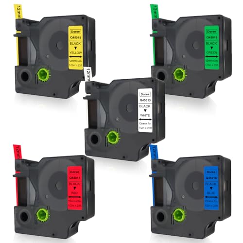 DOREE 5 Stück D1 12 mm x 7 m Etikettenband Buntes,Wasserbeständiges,D1 45013 45016 45017 45018 45019 (Weiß/Blau/Rot/Gelb/Grün),Kompatibel mit Dymo Labelmanager 160/210D/280/350/360D/420P/450D von Doree