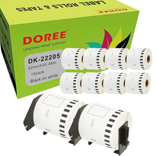 DOREE DK-22205 DK22205 Etikettenrollen, Weißes Papier mit Schwarzem Text, 62mm x 30.48m, Kompatibel mit Brother P-Touch QL-500 QL-500A QL-500BS QL-500BW (10 Rollen + 2 Halter) von Doree