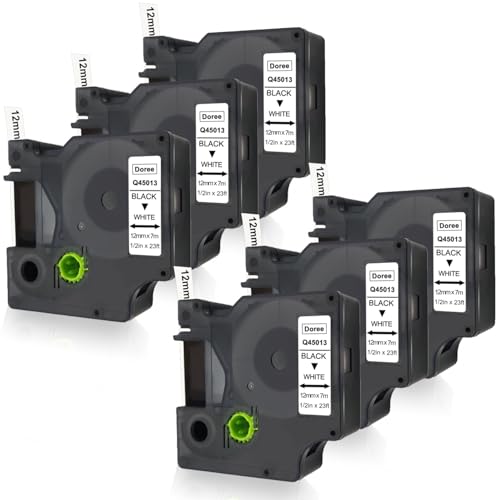 DOREE Etikettenband 45013 12mm x 7m Schwarz auf Weiß Kompatibel mit Dymo D1 12mm Wasser-und UV-beständiges Kunststoff Kompatibel mit Dymo LabelManager 160 210D 280 360D 420P PnP 500TS (6er Pack) von Doree