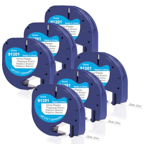 DOREE (6 Pack) 91221 91201 Plastic White Band,12mm x 4m,Schwarz auf Weiß,kompatibel mit Dymo Letratag 91221,für Dymo Etikettenband Beschriftungsgerät für LT-100H,LT-100T,XM,XR,200B von Doree