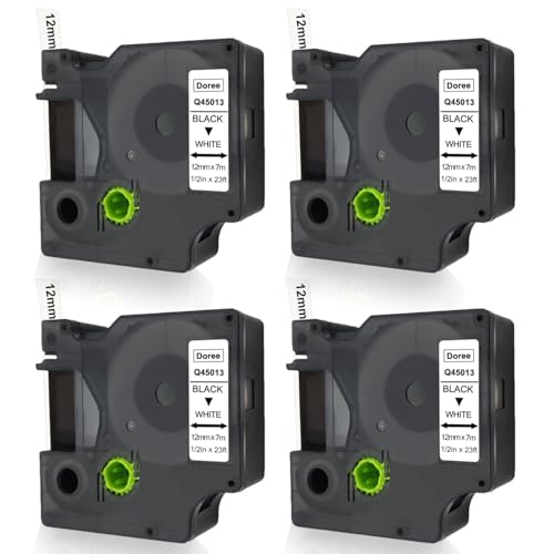 DOREE D1 45013 Kompatibel mit Dymo D1 Label tape 12mmx7m Schwarz auf Weiß UV-beständiges kunststoff etikettenband D1 45013 Kompatibel mit Dymo LabelManager 160 210D 360D 420P PnP 500TS (4er Pack) von Doree