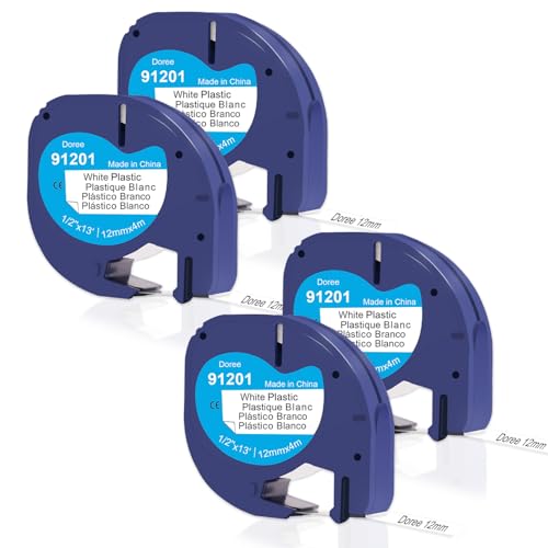 Doree Kompatibles Letratag 91221/S0721660/91201,12 mm x 4 m, Schwarz auf Weiß,Hochgradig wasserfestes kunststoff Letratag band,Kompatibel mit Dymo Letratag LT-100H LT-100T XR 200B (4er Pack) von Doree