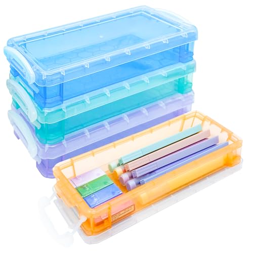 4 Stück Stiftebox mit Deckel Plastik, Stapelbar Stifte Organizer Box Durchsichtig, Stifte Aufbewahrungsbox Bunte, Sortierbox Stifte, Schreibtisch Stifteboxen für Schreibwaren Zeichengeräte Malpinsel von Doreenstar