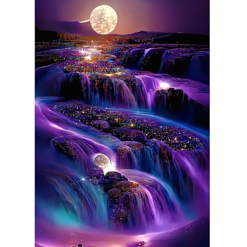 Diamond Painting Wasserfall im Mondschein, 5D Mond Wasserfall, Erwachsene Kinder, DIY Vollbohrer Set, Diamant Malerei für Haus Wanddeko, 30x40 CM von Doreenstar