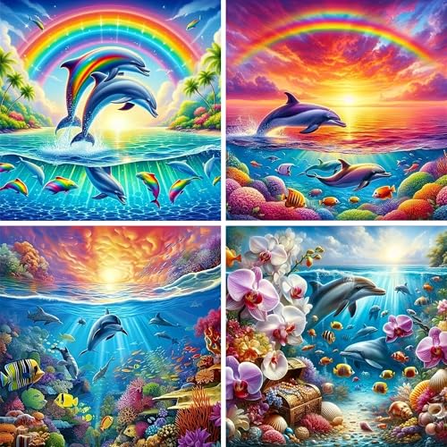 Doreenstar 4er Set Diamond Painting Delphine 30x30 CM, 5D Diamantmalerei Meerestiere Delfine, Bunte Diamant Painting Delfin, DIY Vollbohrer Diamond Painting 4 Set Tiere für Kinder Erwachsene von Doreenstar