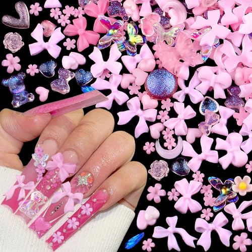 100 Stück Rosa Gemischte Form Nail Charms,Niedlich Schleife Blume Bär Herz Charms Nägel 3D Bögen Schleifenknoten Kamelie Mond Nagel Charms Für Frauen Nail Art Charms Nageldesign Nagel Zubehör Nail Art von Dornail