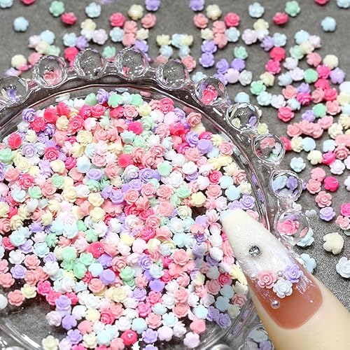 100 Stück Zufällig Gemischte Farben 4mm Flower Nail Charms 3D Blumen Charms Nägel Bunt Kamelie Rose Blume Nagel Charms Mini Kunstharz Floral Nägel Charms Flatback Flowers Nail Art Charms Nageldesign von Dornail