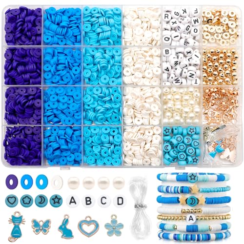 Dotilili 3164 Stück Blau Polymer Clay Perlen Set, 6mm Heishi Perlen Zum Auffädeln Armbänder Selber Machen Set mit Buchstaben Anhänger Perlenset für Armbänder Halskette Ohrringe Schmuck (Blau) von Dotilili