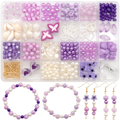 Dotilili Perlen Set für Armbänder, Lila Bastelperlen Runde Unregelmäßig Glasperlen Armband Set Selber Machen Perlen zum Auffädeln für DIY Schmuckherstellung Halsketten Ohrringe Mädchen (Lila) von Dotilili