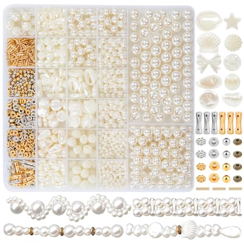 Dotilili Weiße Perlen zum Auffädeln, 4/6/8/10/12mm Unregelmäßige Geformte Kunstperlen und Bastelperlen Runde Beige Perlen Erwachsene Set mit Abstandsperlen Stopper Perlen für DIY Armbänder von Dotilili