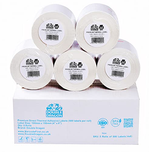 Double Dragon Premium Thermetiketten, 5 Rollen à 100MM x 150MM (6" x 4") Einfache Weiße Etiketten von Double Dragon