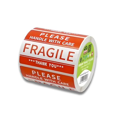 Double Dragon, 500 Etiketten, 2x3 Zoll, Fragil-Aufkleber, Handle with Care Aufkleber, Rotes Warnetikett, Fragil-Etikett für Verpackungskartons, Starker Haftkleber (Größe: 2 x 3 Zoll / 50 x 76mm) von Double Dragon