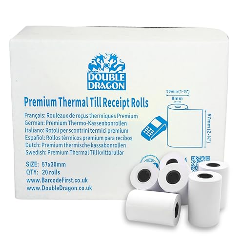 Double Dragon 57 x 30 mm Thermo-Papierrollen für PDQ Belegdrucker | BPA-frei | Kompatibel mit SumUp, Ingenico, PayZone, Verifone, Clover Printers, Zettle Terminals – 20 Rollen von Double Dragon