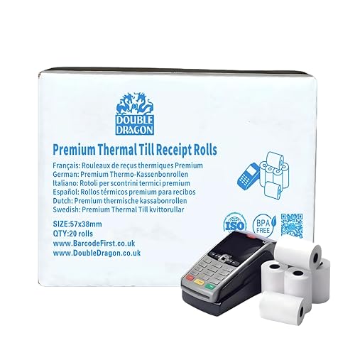 Double Dragon 57mm x 38mm Ingenico Thermo-PDQ-Bonrollen | Umweltfreundlich, Preiswert, BPA-frei | Kompatibel mit Verifone, Spire, Pax Kreditkartenterminals (20er-Pack) von Double Dragon