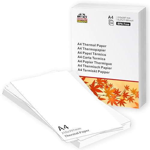 Double Dragon A4 Thermopapier | 100 Blatt | 210x297mm (8,27" x 11,69") | Kompatibel mit Phomemo M08F, M832, M834, Q302, Brother, Munbyn und anderen A4-Thermodruckern (100 Blatt) von Double Dragon