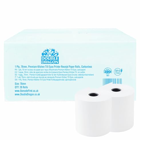 Double Dragon Premium Einbahnloses Kohlefreies Papierrollen, 76x76mm, für Dot-Matrix-Küchendrucker, Druckrechner, Nicht-Thermische Kassenbondrucker, Star Clover Bixolon (20 Rollen) von Double Dragon