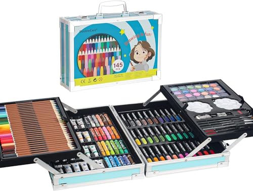 145 TLG Malkoffer, Deluxe Aluminium Trageköfferchen Zeichenset mit Marker, Ölpastelle Wachsstifte, Buntstifte, Wachsmalstifte, Öl Pastellkreide usw, zum Kinder Anfänger & Erwachsene Geschenk,Blau von DoubleCare