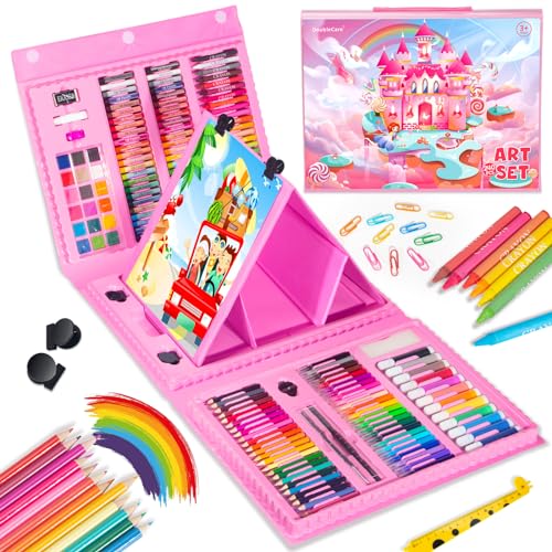 DoubleCare Luxus-Gemäldekoffer, 240 Stück, Zeichnung-Kits mit dreiseitigem Staffelei, Kunstspiel-Etui für Anfänger, Geschenk für Mädchen von 4 bis 12 Jahren, Rosa DoubleCare Luxus-Gemäldekoffer, 240 Stück, Zeichnung-Kits mit dreiseitigem Staffelei, Kunstspiel-Etui für Anfänger, Geschenk für Mädchen von 4 bis 12 Jahren, Rosa von DoubleCare