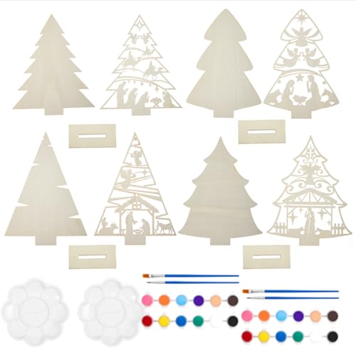DoubleFill 4 Stück doppelschichtige hohle Holzpaletten für Weihnachtsbaum, unlackiert, DIY-Holzornamente, rustikales Holzhandwerk, 4 Set, 12 Farben, Pigmentpaletten und Pinsel, Gebet) von DoubleFill