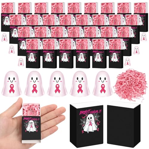 DoubleFill 50 Sets Halloween Brustkrebs Bewusstsein Geschenke Bulk Brustkrebs ist Boo Rosa Schleife Harz Geist Geschenkbox für Wohltätigkeitsorganisationen Frauen Überlebende öffentliche von DoubleFill
