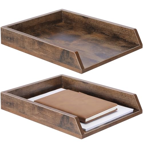 DoubleFill Briefablage aus Holz, Briefablage, strapazierfähig, 2 Etagen, stapelbar, unterstützt Papierablage, Schreibtisch-Schublade, Ordner, Zeitschriften, Bürozubehör, 2 Stück, dunkles Holz von DoubleFill