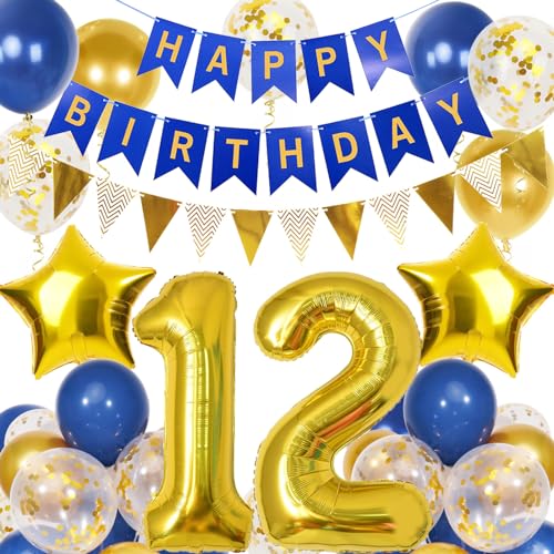 12. Geburtstag Junge, Blau Gold Luftballon 12 Geburtstag, Happy Birthday Girlande und Wimpelkette Banner, Blau Gold Geburtstagsdeko 12 Jahre Junge 12. Geburtstag Junge, Blau Gold Luftballon 12 Geburtstag, Happy Birthday Girlande und Wimpelkette Banner, Blau Gold Geburtstagsdeko 12 Jahre Junge von Douvelue