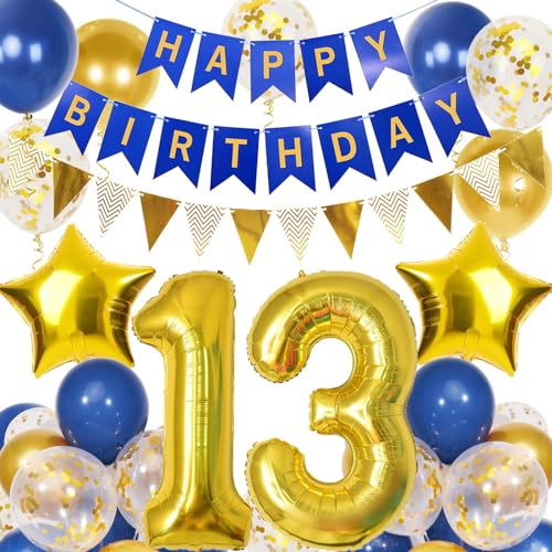13. Geburtstag Junge, Blau Gold Luftballon 13 Geburtstag, Happy Birthday Girlande und Wimpelkette Banner, Blau Gold Geburtstagsdeko 13 Jahre Junge 13. Geburtstag Junge, Blau Gold Luftballon 13 Geburtstag, Happy Birthday Girlande und Wimpelkette Banner, Blau Gold Geburtstagsdeko 13 Jahre Junge von Douvelue