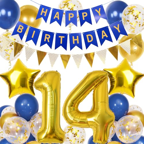 14. Geburtstag Junge, Blau Gold Luftballon 14 Geburtstag, Happy Birthday Girlande und Wimpelkette Banner, Blau Gold Geburtstagsdeko 14 Jahre Junge 14. Geburtstag Junge, Blau Gold Luftballon 14 Geburtstag, Happy Birthday Girlande und Wimpelkette Banner, Blau Gold Geburtstagsdeko 14 Jahre Junge von Douvelue
