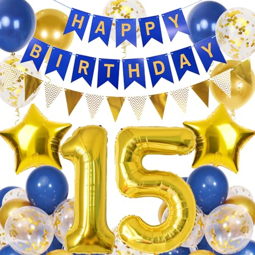 15. Geburtstag Junge, Blau Gold Luftballon 15 Geburtstag, Happy Birthday Girlande und Wimpelkette Banner, Blau Gold Geburtstagsdeko 15 Jahre Junge 15. Geburtstag Junge, Blau Gold Luftballon 15 Geburtstag, Happy Birthday Girlande und Wimpelkette Banner, Blau Gold Geburtstagsdeko 15 Jahre Junge von Douvelue