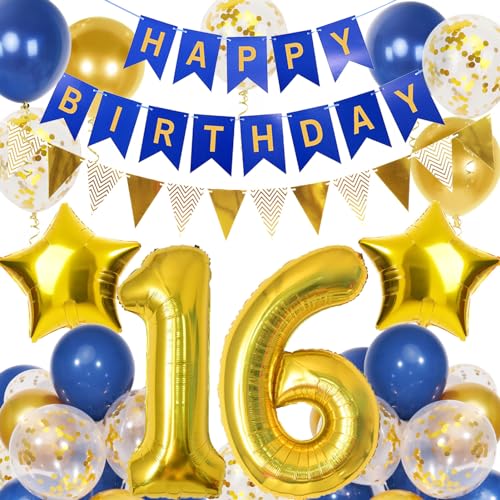 16. Geburtstag Junge, Blau Gold Luftballon 16 Geburtstag, Happy Birthday Girlande und Wimpelkette Banner, Blau Gold Geburtstagsdeko 16 Jahre Junge 16. Geburtstag Junge, Blau Gold Luftballon 16 Geburtstag, Happy Birthday Girlande und Wimpelkette Banner, Blau Gold Geburtstagsdeko 16 Jahre Junge von Douvelue