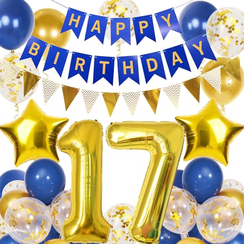 17. Geburtstag Junge, Blau Gold Luftballon 17 Geburtstag, Happy Birthday Girlande und Wimpelkette Banner, Blau Gold Geburtstagsdeko 17 Jahre Junge 17. Geburtstag Junge, Blau Gold Luftballon 17 Geburtstag, Happy Birthday Girlande und Wimpelkette Banner, Blau Gold Geburtstagsdeko 17 Jahre Junge von Douvelue