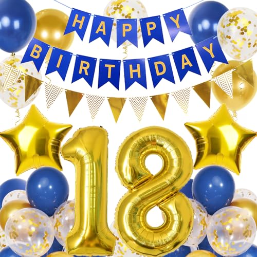 18. Geburtstag Junge, Blau Gold Luftballon 18 Geburtstag, Happy Birthday Girlande und Wimpelkette Banner, Blau Gold Geburtstagsdeko 18 Jahre Junge 18. Geburtstag Junge, Blau Gold Luftballon 18 Geburtstag, Happy Birthday Girlande und Wimpelkette Banner, Blau Gold Geburtstagsdeko 18 Jahre Junge von Douvelue