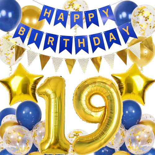 19. Geburtstag Junge, Blau Gold Luftballon 19 Geburtstag, Happy Birthday Girlande und Wimpelkette Banner, Blau Gold Geburtstagsdeko 19 Jahre Junge 19. Geburtstag Junge, Blau Gold Luftballon 19 Geburtstag, Happy Birthday Girlande und Wimpelkette Banner, Blau Gold Geburtstagsdeko 19 Jahre Junge von Douvelue