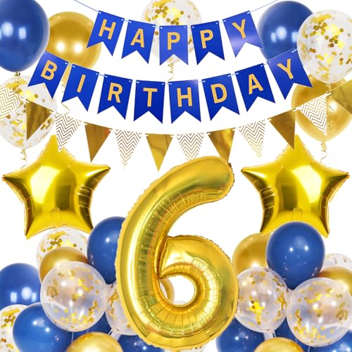 6. Geburtstag Dekorationen Jungen - Navy Blau Gold Luftballons, Happy Birthday Banner, 40 Zoll Zahl 6 Folie Luftballons Mit Wimpelkette - Für Jungen Mädchen Deko 6. Geburtstag Dekorationen Jungen - Navy Blau Gold Luftballons, Happy Birthday Banner, 40 Zoll Zahl 6 Folie Luftballons Mit Wimpelkette - Für Jungen Mädchen Deko von Douvelue