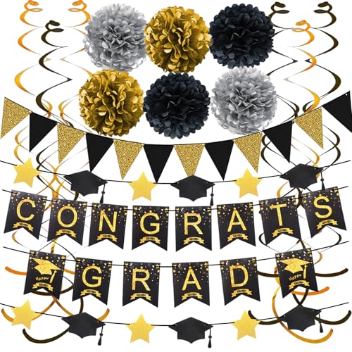 Abschlussdekorationen für 2025, Congrats Grad Banner und Sternkappe Girlande, Wimpelbanner, Schwarz und Gold Seidenpapier Pompons, hängende Wirbel, für Abschlussfeier Party Dekorationen Abschlussdekorationen für 2025, Congrats Grad Banner und Sternkappe Girlande, Wimpelbanner, Schwarz und Gold Seidenpapier Pompons, hängende Wirbel, für Abschlussfeier Party Dekorationen von Douvelue