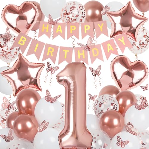 Deko 1. Geburtstag Mädchen, Rosegold Luftballon 1. Geburtstag, Happy Birthday Girlande und Schmetterlinge Deko, Roségold 1 Jahr Mädchen Deko Geschenk Deko 1. Geburtstag Mädchen, Rosegold Luftballon 1. Geburtstag, Happy Birthday Girlande und Schmetterlinge Deko, Roségold 1 Jahr Mädchen Deko Geschenk von Douvelue