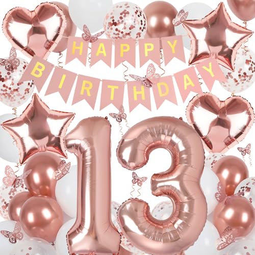Deko 13. Geburtstag Mädchen, Rosegold Luftballon 13. Geburtstag, Happy Birthday Girlande und Schmetterlinge Deko, Roségold 13 Jahr Mädchen Deko Geschenk von Douvelue