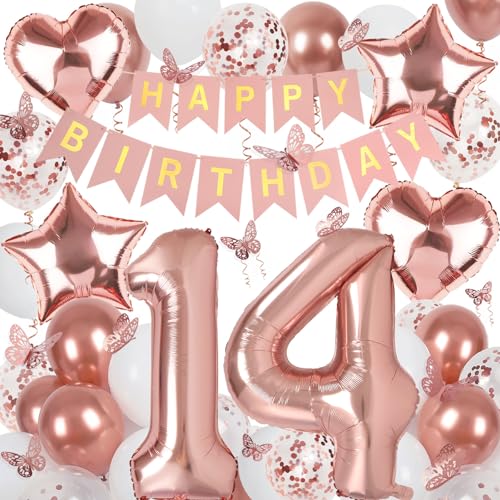 Deko 14. Geburtstag Mädchen, Rosegold Luftballon 14. Geburtstag, Happy Birthday Girlande und Schmetterlinge Deko, Roségold 14 Jahr Mädchen Deko Geschenk von Douvelue